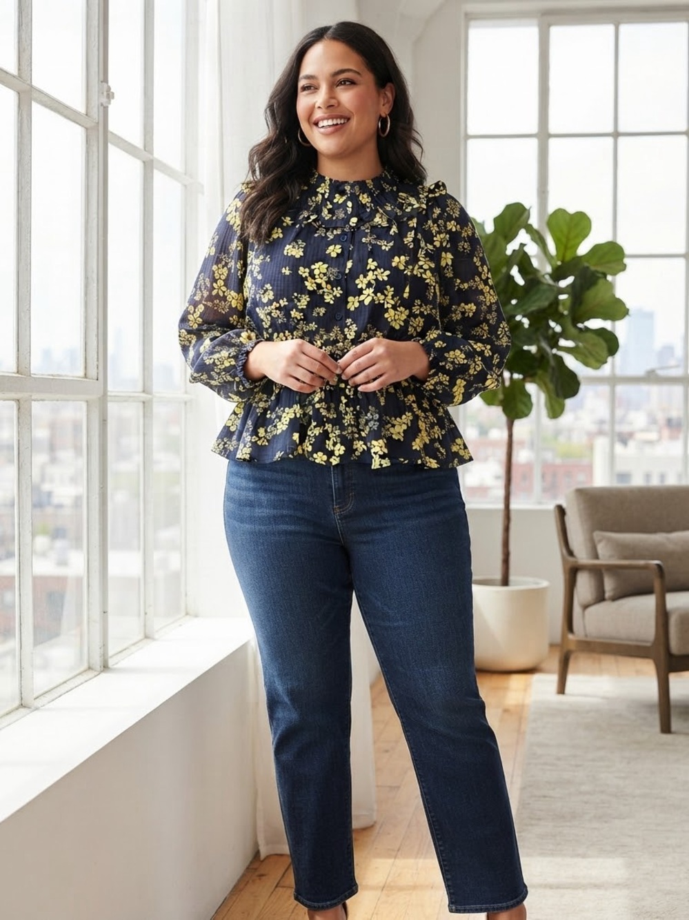 NWT Who What Wear Hillside Blooms black/yellow floral blouse  size XXL.